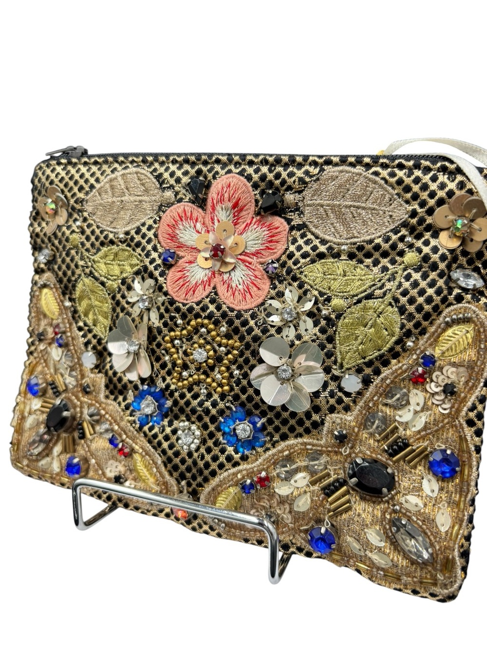 2 Chic NWT Embellished Floral Beaded Sequin Clutch Pouch Black Gold